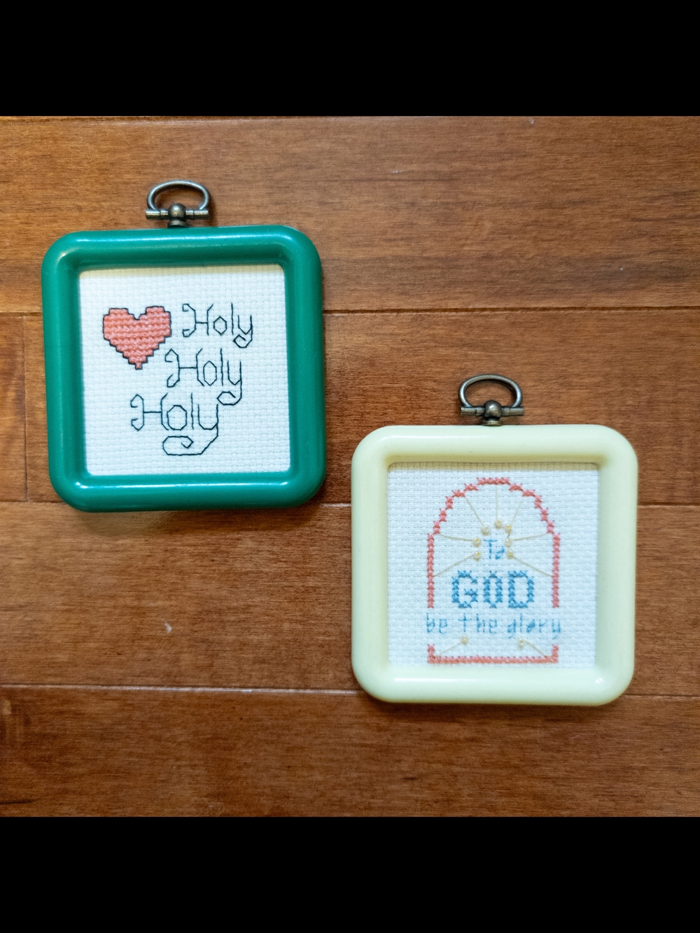 Vtg 70s Handmade Miniature Christian Cross Stitch Framed Decor Set of 2 - 3"x3"